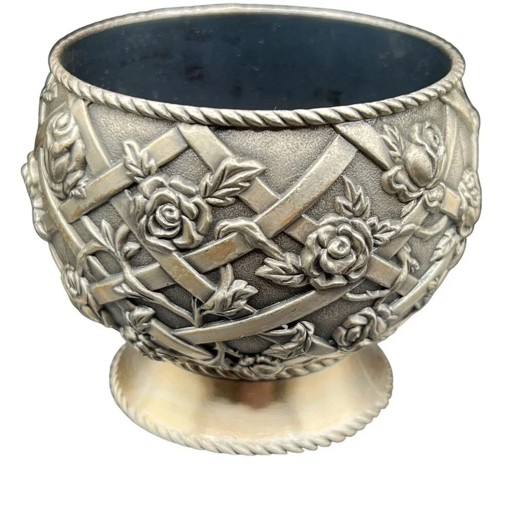 Vintage Pewter Trinket Dish Vase Intricate Trellis Climbing Rose Basket Weaved